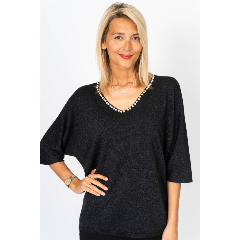 3/4 sleeves Sweater with Pearls neckline