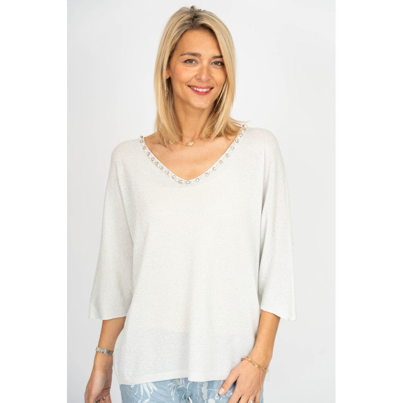 3/4 sleeves Sweater with Pearls neckline