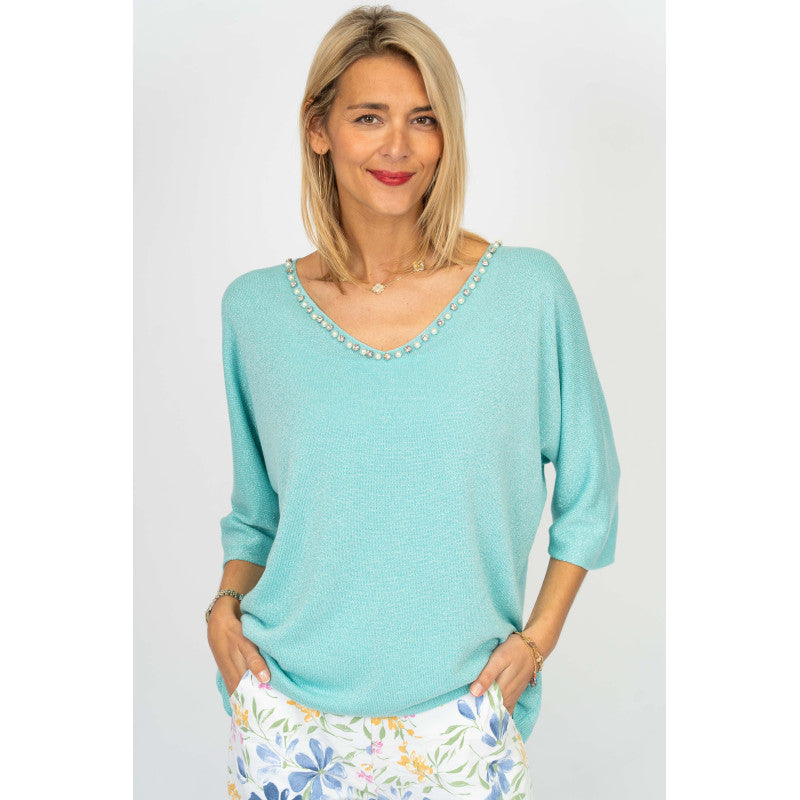 3/4 sleeves Sweater with Pearls neckline