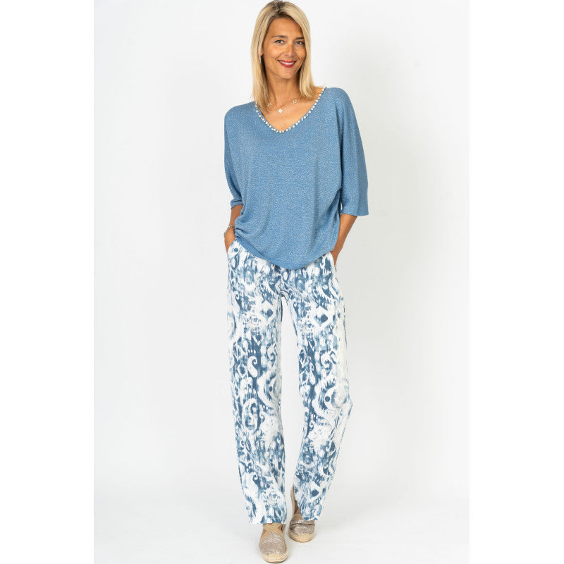 3/4 sleeves Sweater with Pearls neckline