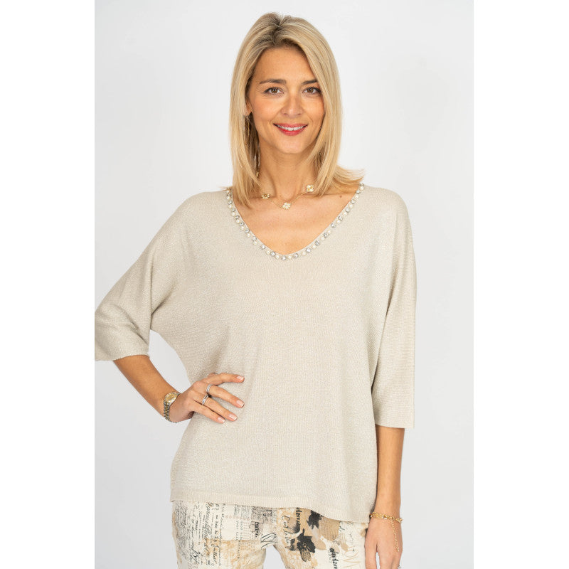 3/4 sleeves Sweater with Pearls neckline
