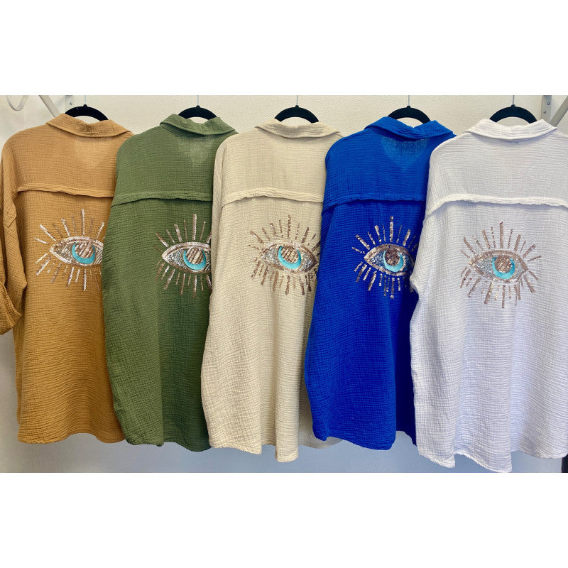 Gauze Jacket with sequins and Emb. Eye on back